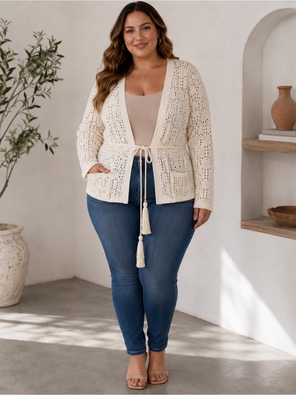 NWT New York & Company 3X Ivory Crochet Open Knit Belted Cardigan Sweater